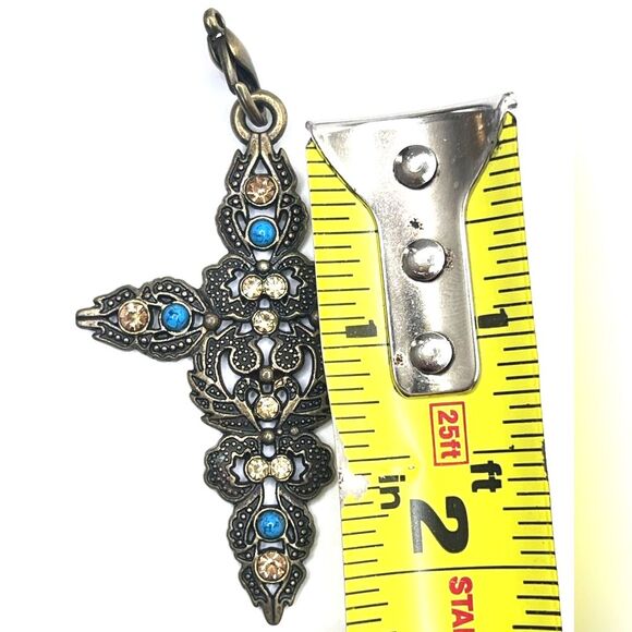 Bronze copper tone Ornate Cross Pendant with Blue turquoise Gold crystal Accents - Picture 5 of 8